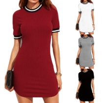 Fashion Contrast Color Short Sleeve Round Neck Slim Fit Knit Dress