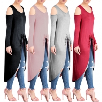 Chic Style Off-shoulder Long Sleeve Round Neck Knotted Hem Solid Color Top