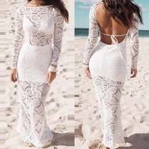 Sexy Backless Long Sleeve Solid Color Lace Party Dress