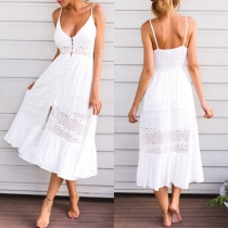 Sexy Backless Deep V-neck Slit Hem Lace Spliced Sling Dress