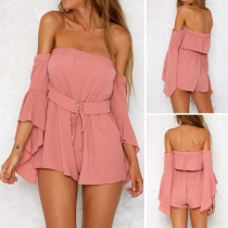 Sexy Off-shoulder Trumpet Sleeve Solid Color Romper