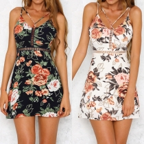 Sexy Backless V-neck Hollow Out High Waist Printed Cami Dress