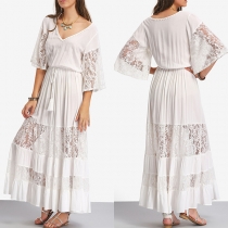 Sexy Lace Spliced Trumpet Sleeve V-neck Solid Color Maxi Dress