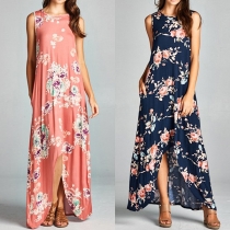 Fashion Sleeveless Round Neck Irregular Hem Printed Maxi Dress