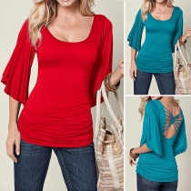 Sexy Backless 3/4 Trumpet Sleeve Round Neck Solid Color T-shirt