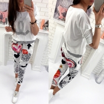 Fashion Heart Printed Drawstring Waist Casual Pants