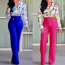 Elegant Solid Color Double- breasted High Waist Flared Pants