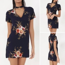 Fashion Short Sleeve Choker V-neck Slim Fit Printed Dress