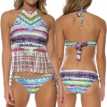 Sexy Backless Colorful Printed Tassel Swimsuit Set