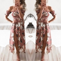 Sexy Off-shoulder Boat Neck Slit Hem Short Sleeve Printed Dress