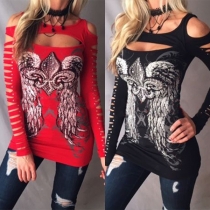 Sexy Off-shoulder Hollow Out Long Sleeve Round Neck Printed T-shirt