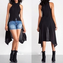 Chic Style Sleeveless POLO Collar High-low Hem Chiffon Top