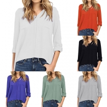 Fashion Solid Color Long Sleeve V-neck High-low Hem Blouse