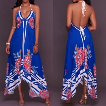 Sexy Backless V-neck Irregular Hem Printed Party Dress
