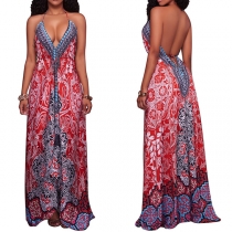 Sexy Backless Deep V-neck Printed Sling Chiffon Maxi Dress