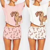 Cute Style Puppy Printed Short Sleeve T-shirt + Shorts Two-piece Set