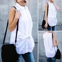 Chic Style Sleeveless POLO Collar Knotted Solid Color Shirt