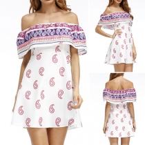 Sexy Off-shoulder Boat Neck Ruffle Printed Dress