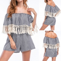 Sexy Off-shoulder Boat Neck Tassel High Waist Plaid Romper