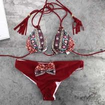 Ethnic Style Printed Lace-up Halter Bikini Set