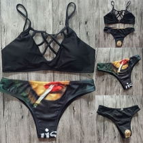 Sexy Hollow Out Black Bikini Top + Low-waist Printed Bikini Bottom Swimsuit Set
