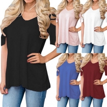 Sexy Off-shoulder Short Sleeve V-neck Solid Color T-shirt