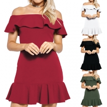 Sexy Off-shoulder Boat Neck Solid Color Slim Fit Ruffle Party Dress