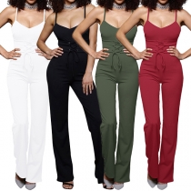 Sexy Backless V-neck High Waist Slim Fit Solid Color Sling Jumpsuit