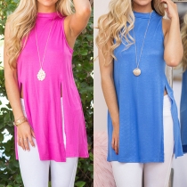 Fashion Sleeveless Mock Neck Slit Hem Solid Color T-shirt