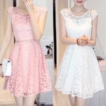 Elegant Solid Color Sleeveless Round Neck Hollow Out Lace Dress