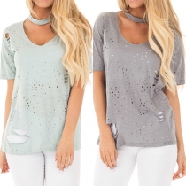 Fashion Solid Color Short Sleeve Choker V-neck Hollow Out Ripped T-shirt