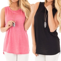 Sexy Hollow Out Sleeveless Round Neck Solid Color T-shirt