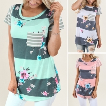 Fashion Short Sleeve Round Neck Striped Spliced Printed T-shirt