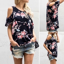 Sexy Off-shoulder Lotus Sleeve Round Neck Printed T-shirt