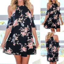 Sexy Off-shoulder Lotus Sleeve Round Neck Printed Dress
