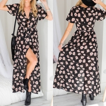 Sexy Deep V-neck Slit Hem Short Sleeve Printed Maxi Dress