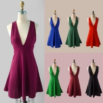Sexy Deep V-neck Sleeveless High Waist Solid Color Dress