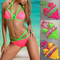 Sexy Contrast Color Lace-up Halter Bikini Set
