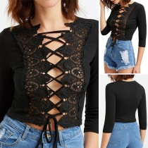 Sexy Lace Spliced Hollow Out Lace-up 3/4 Sleeve Solid Color T-shirt
