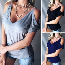 Fashion Casual Solid Color Cold Shoulder V-neck T-shirt
