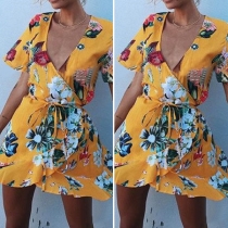 Fashion Sexy Floral Printed V-neck Short Sleeve Flare Dress 
