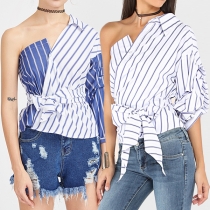 Fashion Unique Stripe Printed One-shoulder Gather Waist Blouse 