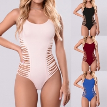 Fashion Sexy Solid Color Hollow Out Sleeveless Bodysuit