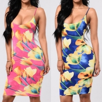 Fashion Sexy Floral Printed Backless Sleevelss Sheath Dress 