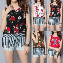 Fashion Casual Floral Printed Sleeveless Tassel Tank Top 