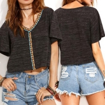 Fashion Short Sleeve V-neck Printed Spliced T-shirt