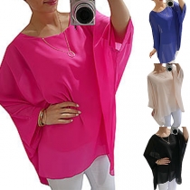 Fashion Solid Color Dolman Sleeve Round Neck High-low Hem Top