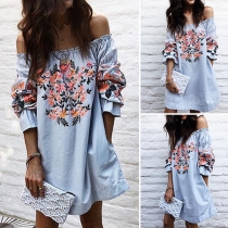 Sexy Off-shoulder Boat Neck 3/4 Sleeve Printed Dress