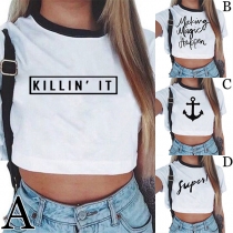 Fashion Short Sleeve Round Neck Letters Printed Crop Top