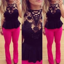 Sexy Hollow Out Lace Spliced Sleeveless Round Neck T-shirt